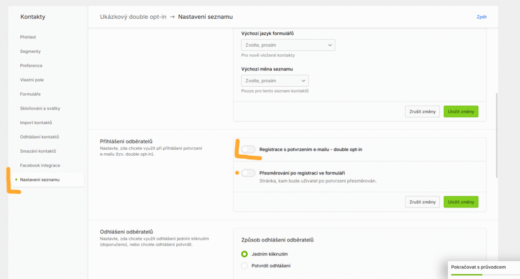 Zapnutí Double opt-in je v nastavení seznamu kontaktů. Sjedem trochu níž a zaklikneme Registrace s potvrzením e-mailu - double opt-in