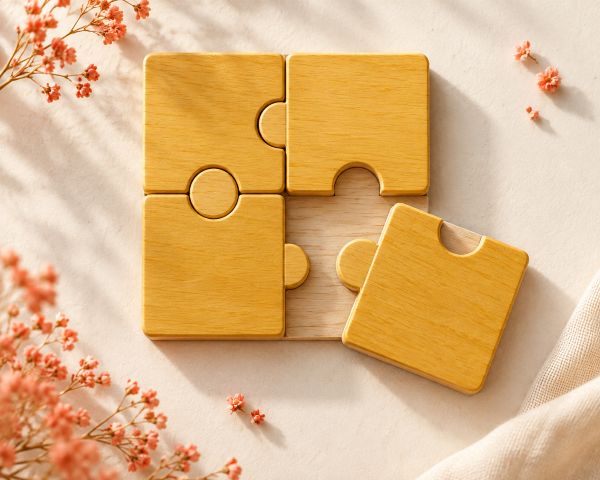 Dřevěné puzzle, poslední dílek leží pootočený těsně vedle svého místa