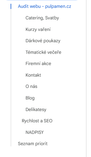 Osnova dokumentu z auditu webu: kapitola ke každé podstránce